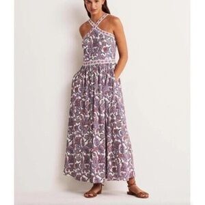 New! Boden Halterneck Jersey Maxi Dress Womens US 8 White Floral Paisley Pockets